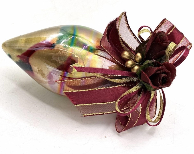 Vintage Iridescent Glass Teardrop Christmas Ornament Burgundy Rose Bow