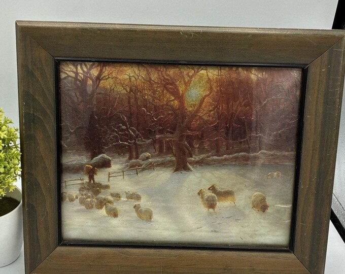 Vintage Winter Landscape Foil Print Framed Sheep Sunset Wood Frame Decor Art