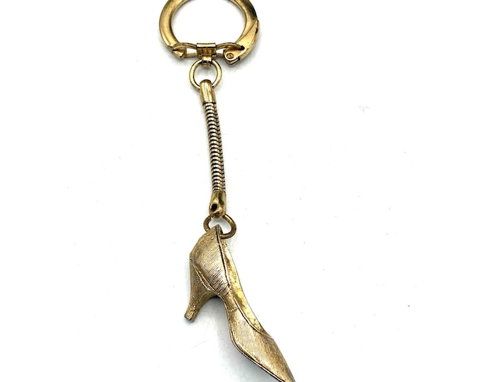 Vintage Gold Tone Stiletto High Heel Shoe Keychain Novelty Key Ring Charm