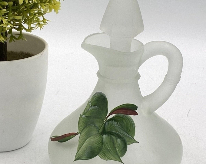 Vintage Frosted Glass Cruet Decanter Stopper Hand Painted Floral Leaves 5”