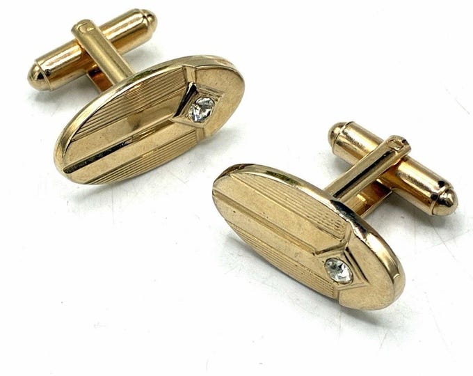 Vintage Shields Signed Gold Tone Rhinestone Oval Cufflinks Mid-Century