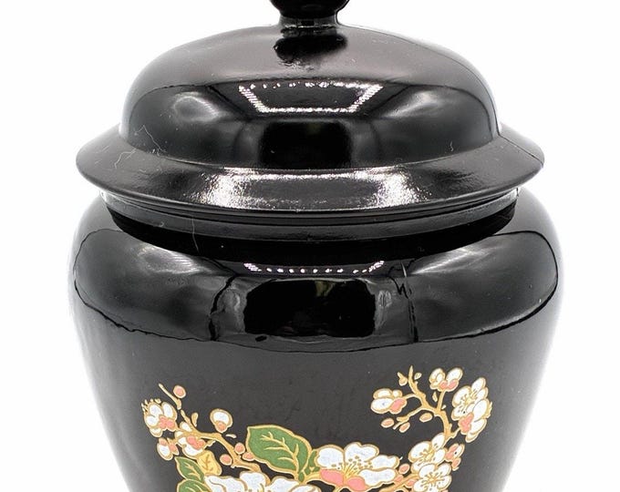 Vintage Avon Black Ginger Jar Floral Blossom Lidded Decorative Jar 6”