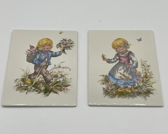 Vintage 1983 Goebel Tiles Hummel "Springtime Suitor" / “Pretty Butterfly” 6x4”
