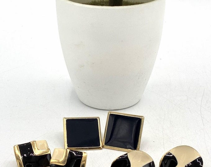 Mid-Century Modern Black & Cream / Navy Goldtone Enamel Jewelry Trio