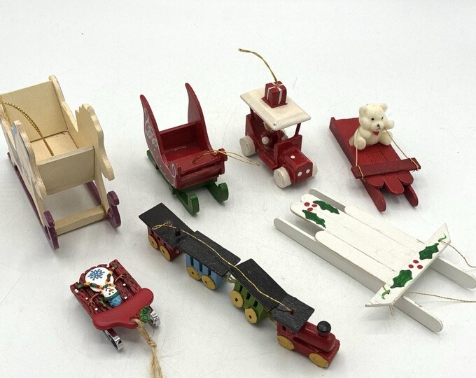 Vintage Christmas Wood Vehicle Ornament Lot Train Sleigh Sled Holiday Decor