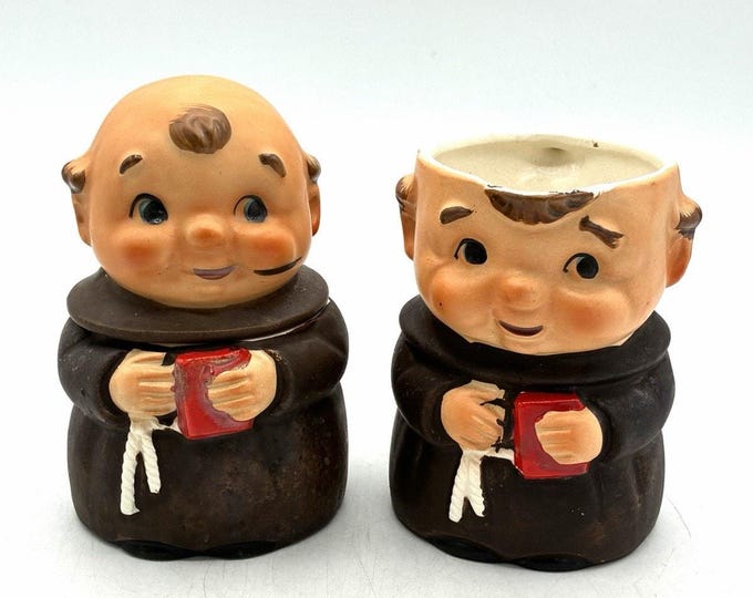 Vintage Friar Monk Creamer & Lidded Sugar Bowl Set Red Book Bible Mid Century