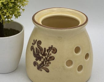 Tarro de cerámica marrón para guardar ajos de Pfaltzgraff Village, estilo folclórico vintage de EE. UU.