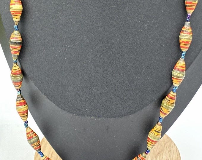 20” Multicolor Rolled Paper Bead Necklace Handmade Style Orange Green Blue
