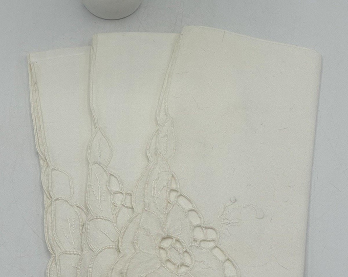 Vintage White Linen Napkins Set 3 Cutwork Floral Embroidery Scallop Edge