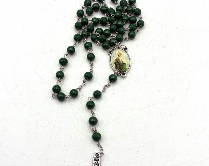 St Jude Rosary Green Beads Enamel Medal Silver Tone Crucifix Catholic