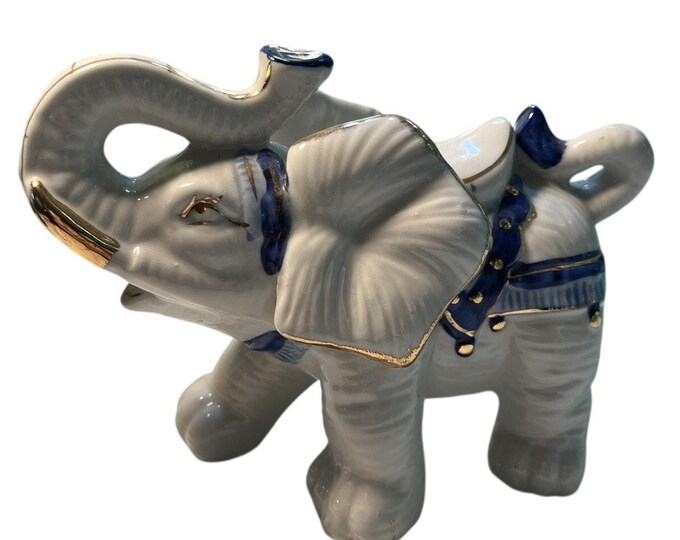 Vintage Blue White Porcelain Elephant Figurine Trunk Up Cobalt Accent Gray 5"