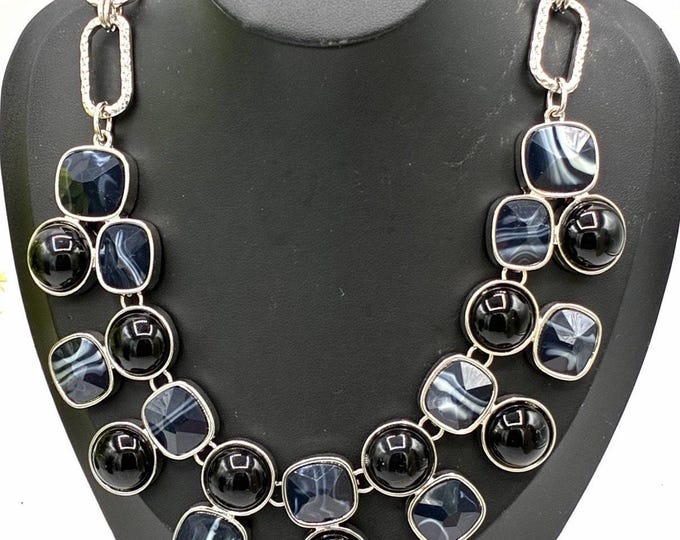 Black Navy Statement Bib Necklace Faceted Cabochon Silver Tone 18”