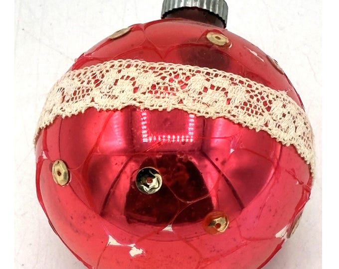 Vintage Shiny Brite Red Glass Ornament Hand Decorated Lace Sequin