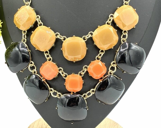 Sophia & Kate Statement Necklace Earrings Set Black Orange Gold Tone NOS