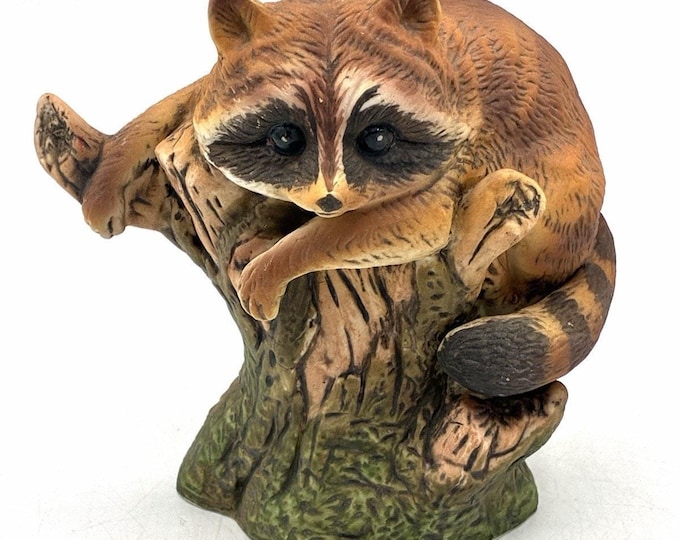 Vintage Enesco Raccoon Figurine Tree Stump Woodland Animal Mexico 4”