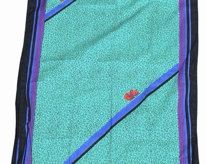 Krizia Italy Vintage Cotton Scarf Fox Animal Print Teal Purple Long 16x64