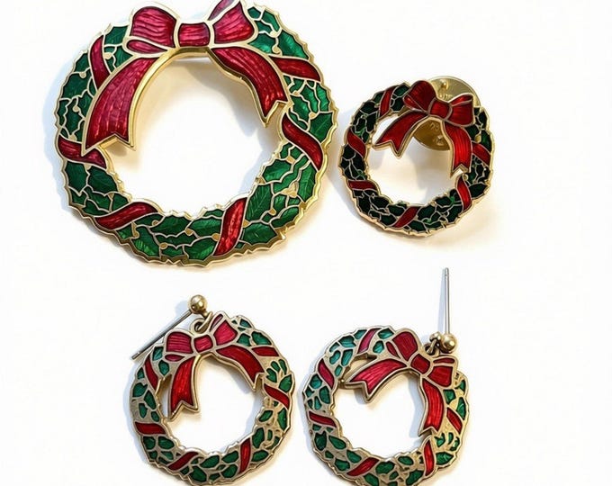 Vintage Christmas Wreath Brooch Pin Earrings Set Red Bow Enameled