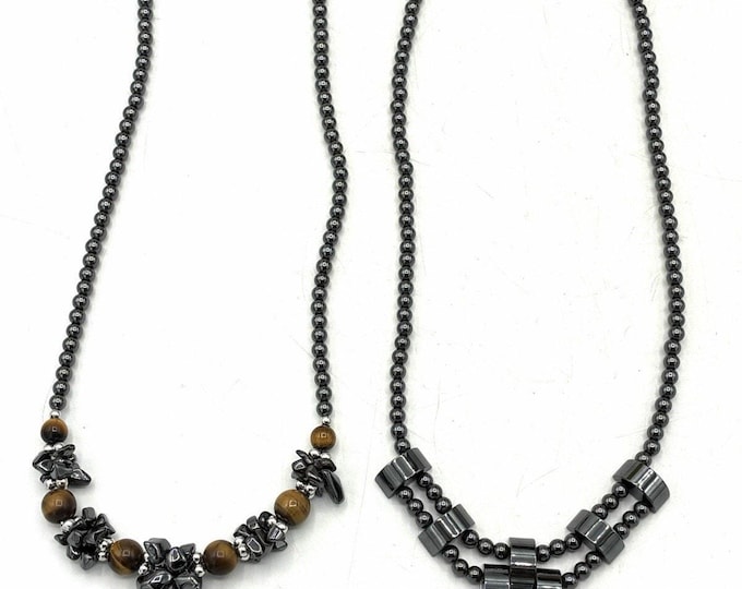 Hematite Style Necklace Lot of 2 Tiger Eye Beads Geometric Statement Jewelry