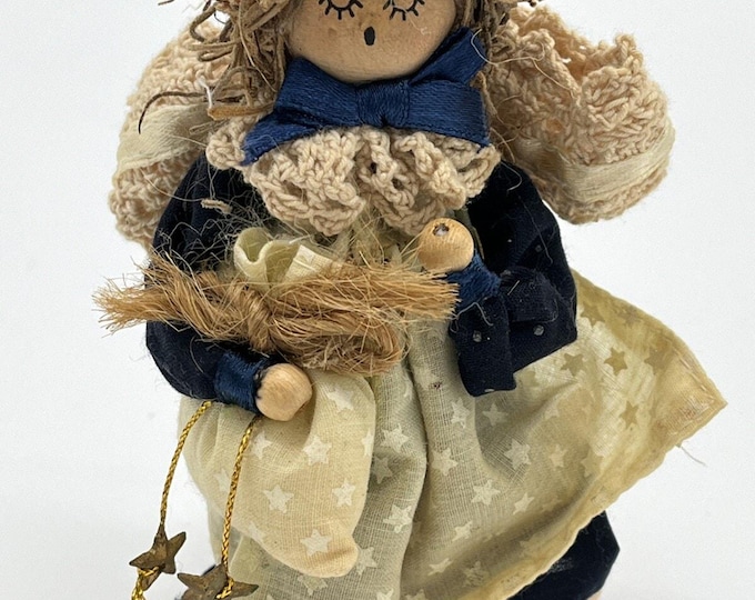 Vintage 4.5” Wooden Spool Angel Doll Primitive Folk Art Holding Bag of Stars