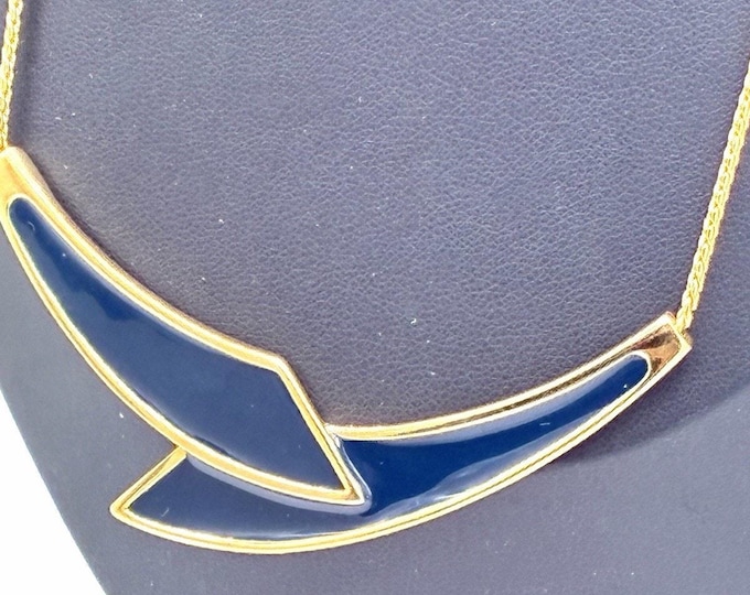 Vintage Monet Navy Blue Enamel Geometric Modernist Gold Tone Necklace 14 Inch