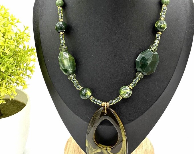 Green Beaded Statement Necklace Large Teardrop Pendant 18” Olive Swirl