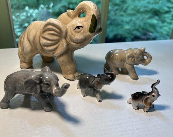 Vtg Lot Of 5 Ceramic Elephant Beige, Gray Figurines 1.5”T Up To 4”T Trunks Up