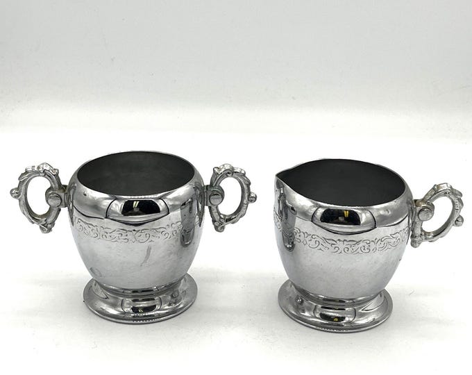 Vintage Chrome Sugar Bowl Creamer Set Double Handles Etched Band Mid Century Coffee Bar Serving