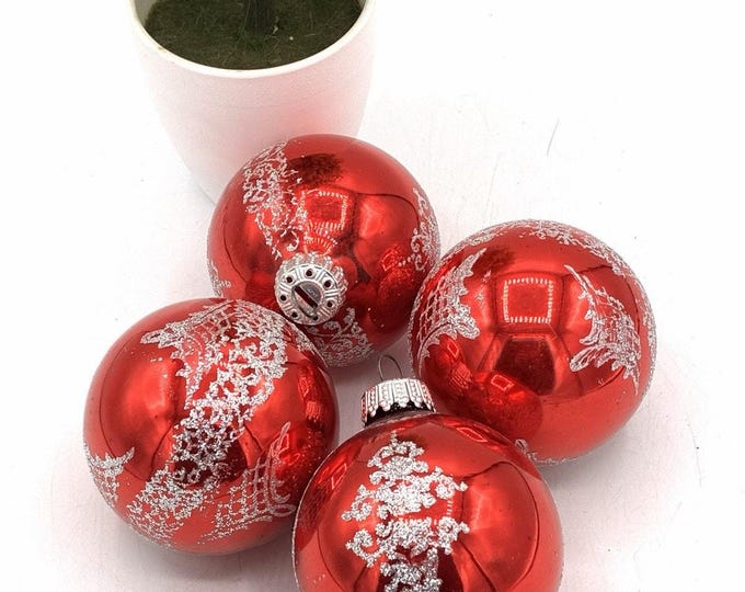 Vintage West Germany Glass Christmas Ornaments Set 4 Red Silver Glitter MCM