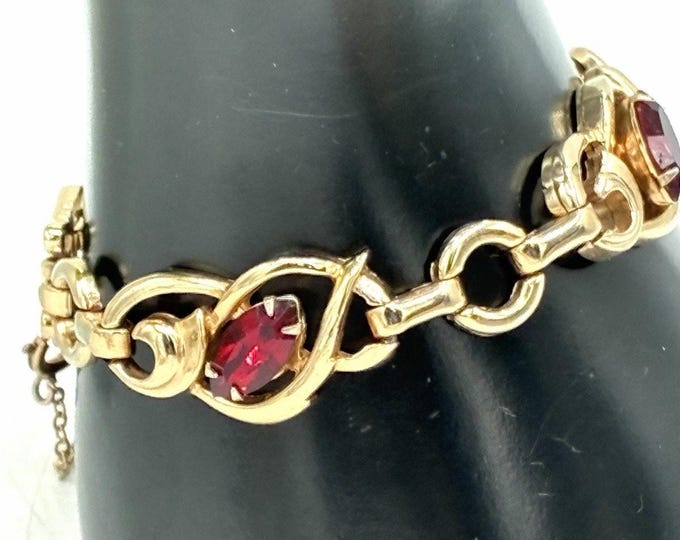 Barclay Signed Vintage Gold Tone Ruby Red Rhinestone Link Bracelet Safety Chain