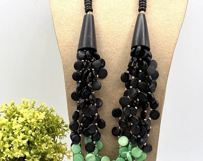 Vintage Style Black Mint Green Wood Bead Necklace 20” Multi Strand Statement