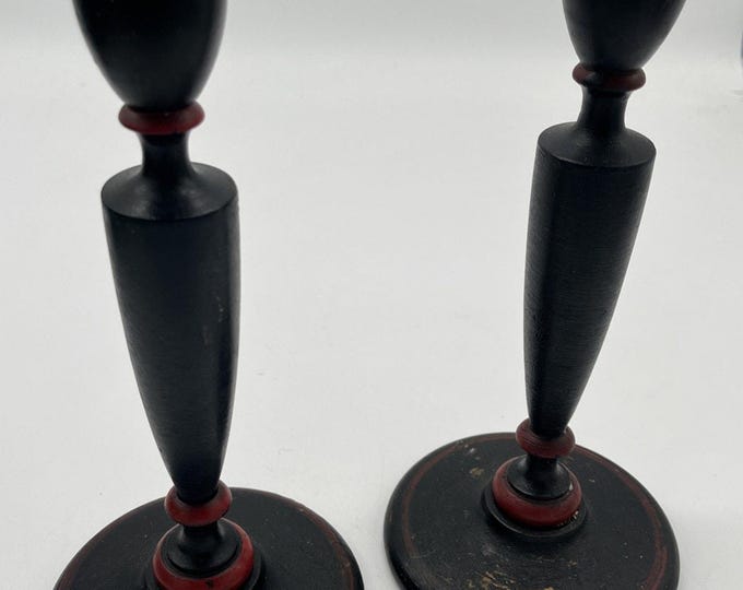 Vintage Turned Wood Taper Candlestick Holders Pair 10" Black Red Colonial Decor