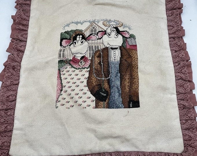 Handmade Cross Stitch Pillowcase American Gothic Cows Parody Pink Ruffle 14x16