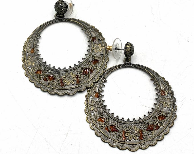 Ornate Floral Hoop Earrings 2” Antique Brass Tone Orange Enamel Boho