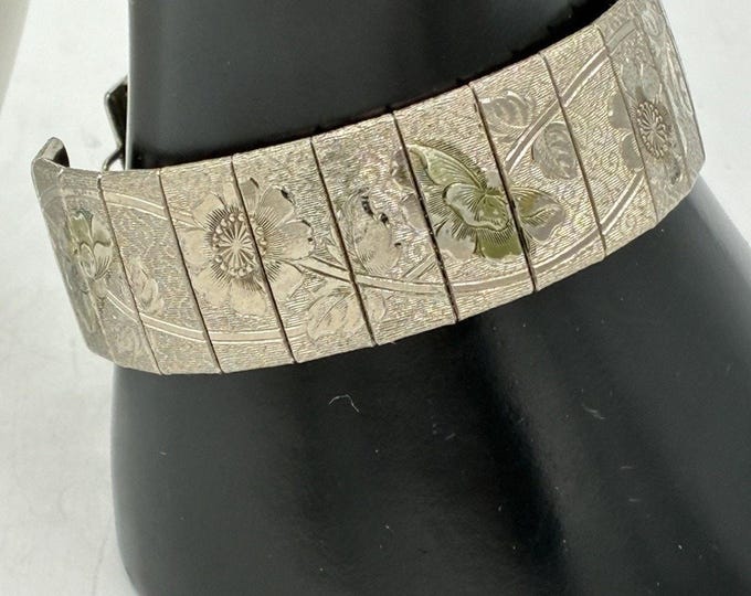 Vintage Japanese Style Wide Panel Bracelet Mixed Metal Floral Engraved 7 Inch