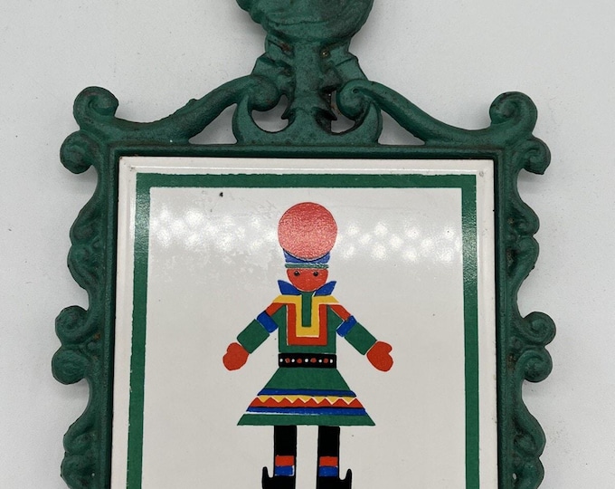 Vtg Green Cast Iron Rooster Ceramic Tile Man MCM Kitchen Decor 70s Made Japan trivet