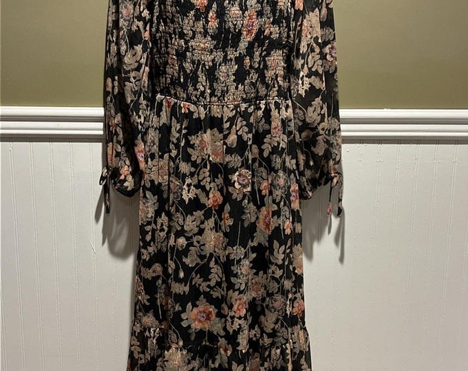 Lauren Conrad Black Floral Square Neck Chiffon Dress Women’s M Lined 3/4 Sleeves