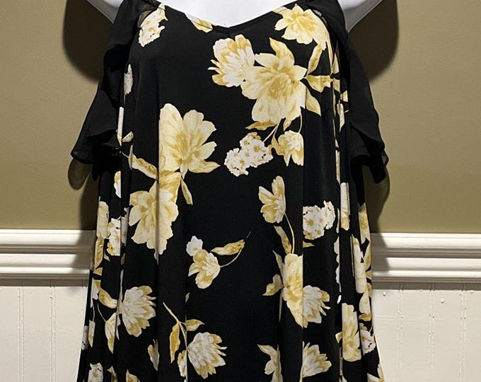 INC Yellow Floral Cold Shoulder Blouse – Chain Strap Ruffle Top – Women’s M