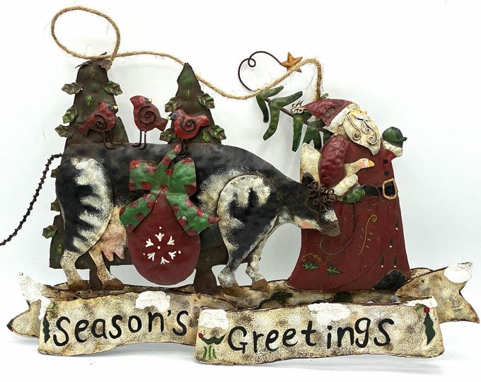Country Santa Cow Duck Christmas Metal Wall Hanging 15” Rustic Farmhouse Decor