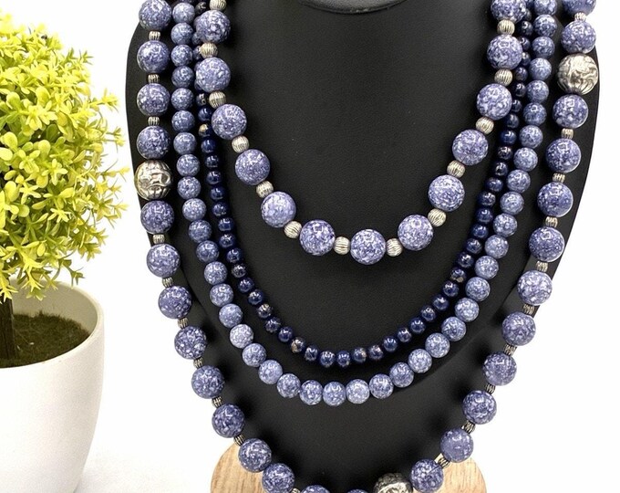 RMN Blue Purple Multi Strand Beaded Necklace 20” Speckled Beads Silver Tone