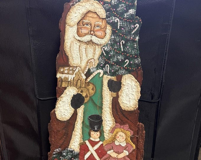 Vintage 21” Handpainted Wooden Log Santa With Toys Primitive