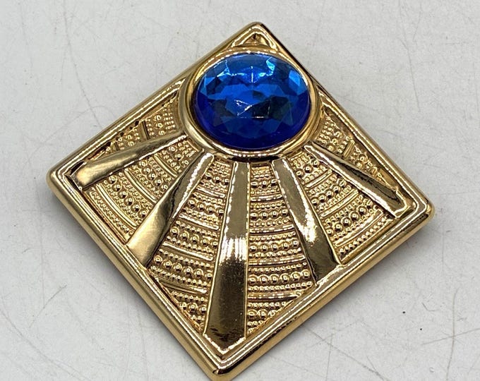 Vintage Gold Tone Blue Glass Scarf Clip Egyptian Revival Art Deco 1.5"