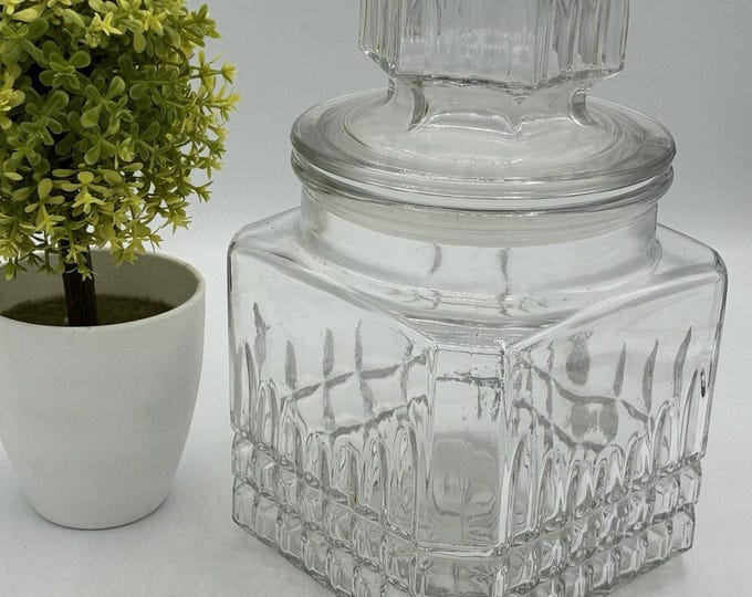 Vintage Pressed Glass Square Canister Jar with Lid Diamond Pattern 8" Clear