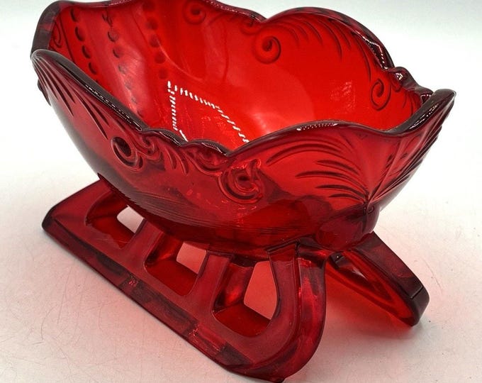 Mosser Glass Ruby Red 6” Sleigh Candy Dish Christmas Holiday Made USA