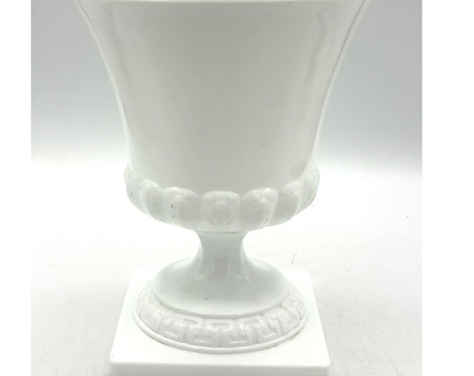 Vintage White Milk Glass Campana Urn Vase Greek Key Square Base