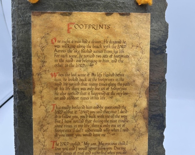 Vtg Handmade Footprints in the Sand Poem Decoupaged Slate Hanging Wall Decor L