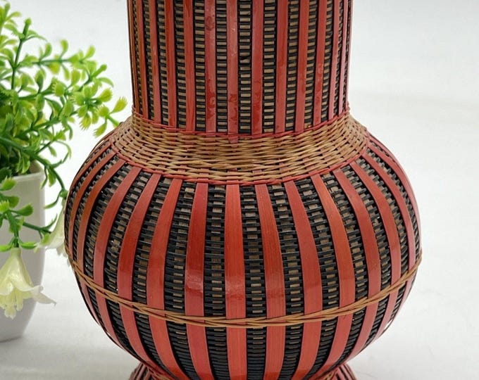 Vtg Asian Woven Vase Rattan Chinese Porcelain Small Vessel Red Brown 6.5” Boho