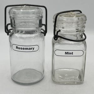 Set of 2 Vintage Jar Clear Glass Wire Bailing Handle Locking Lid Gasket Mint Rosemary