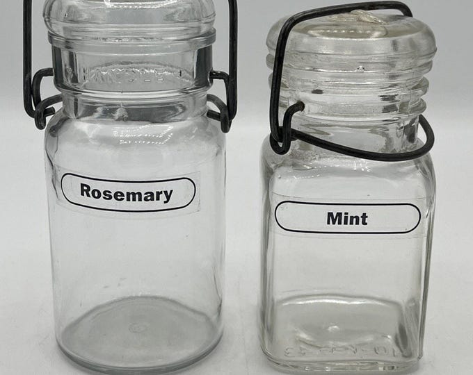Set of 2 Vintage Jar Clear Glass Wire Bailing Handle Locking Lid Gasket Mint Rosemary