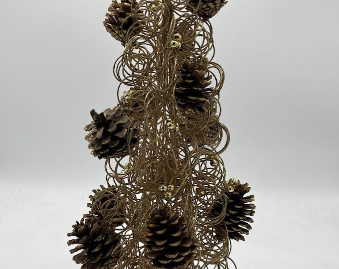 17” Metal Twist Wire Golden Table Christmas Tree w/Ornaments, Star And Pinecones