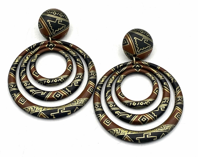 Vintage Triple Hoop Clip Earrings – Tribal Southwestern Brown & Black Dangle